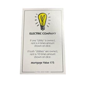 Monopoly Here Now Electric Company Property Title Deed Card Replacement 2008 u